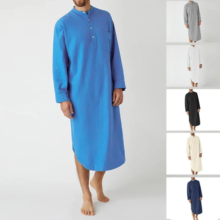 Long-Sleeve Buttoned Solid Color Men's Thobe with Pockets – Available in Seven Colors - Image 1
